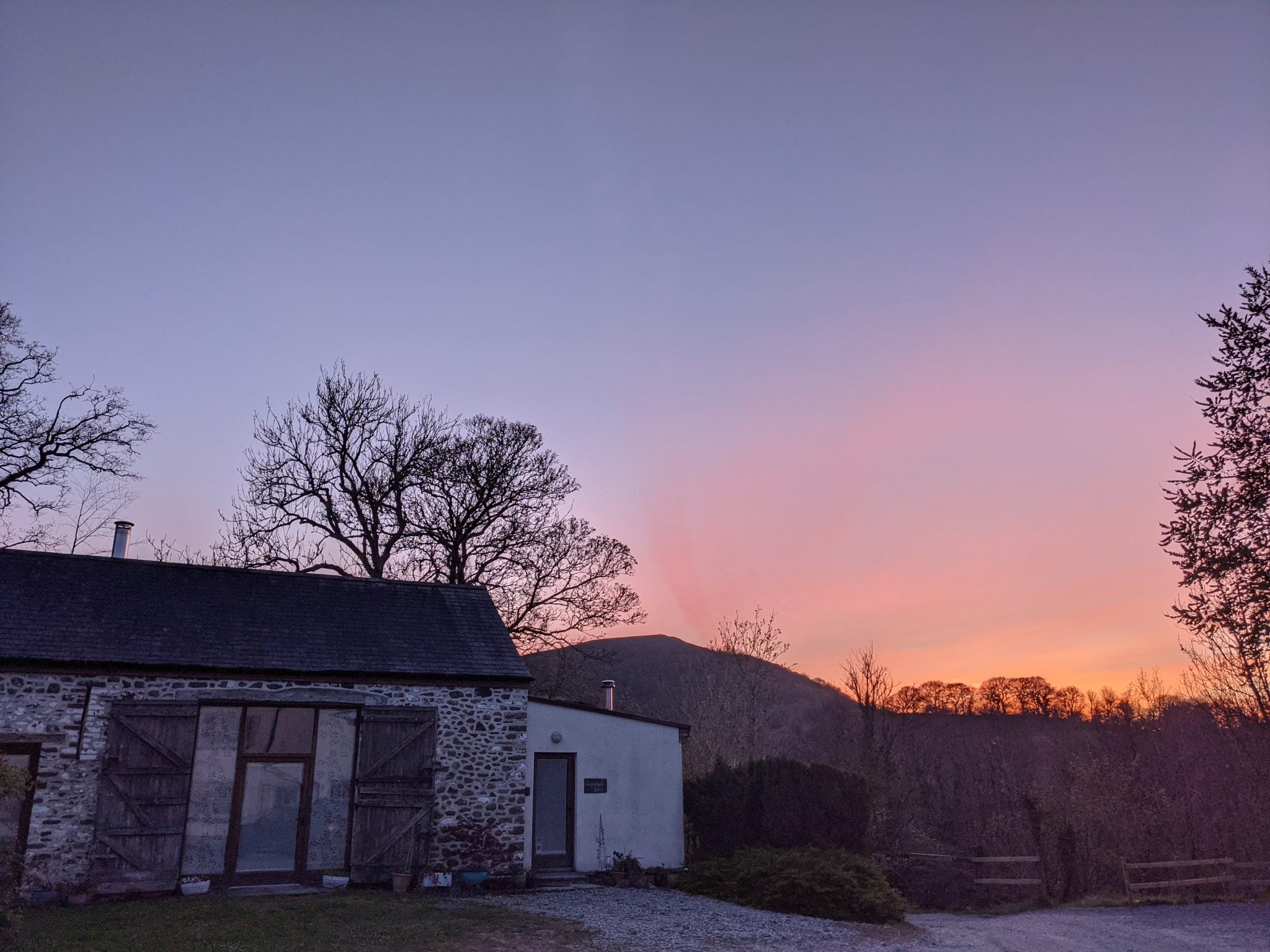 Llwynbwch Barn at sunset